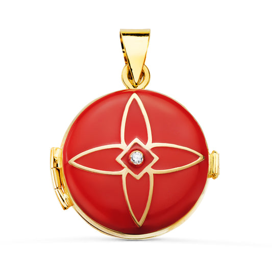 18K PORTAFOTOS COLGANTE ORO AMARILLO GUARDAPELO DIJE REDONDO ESMALTE ROJO DIAMANTE 0.035 QTES. 21 MM