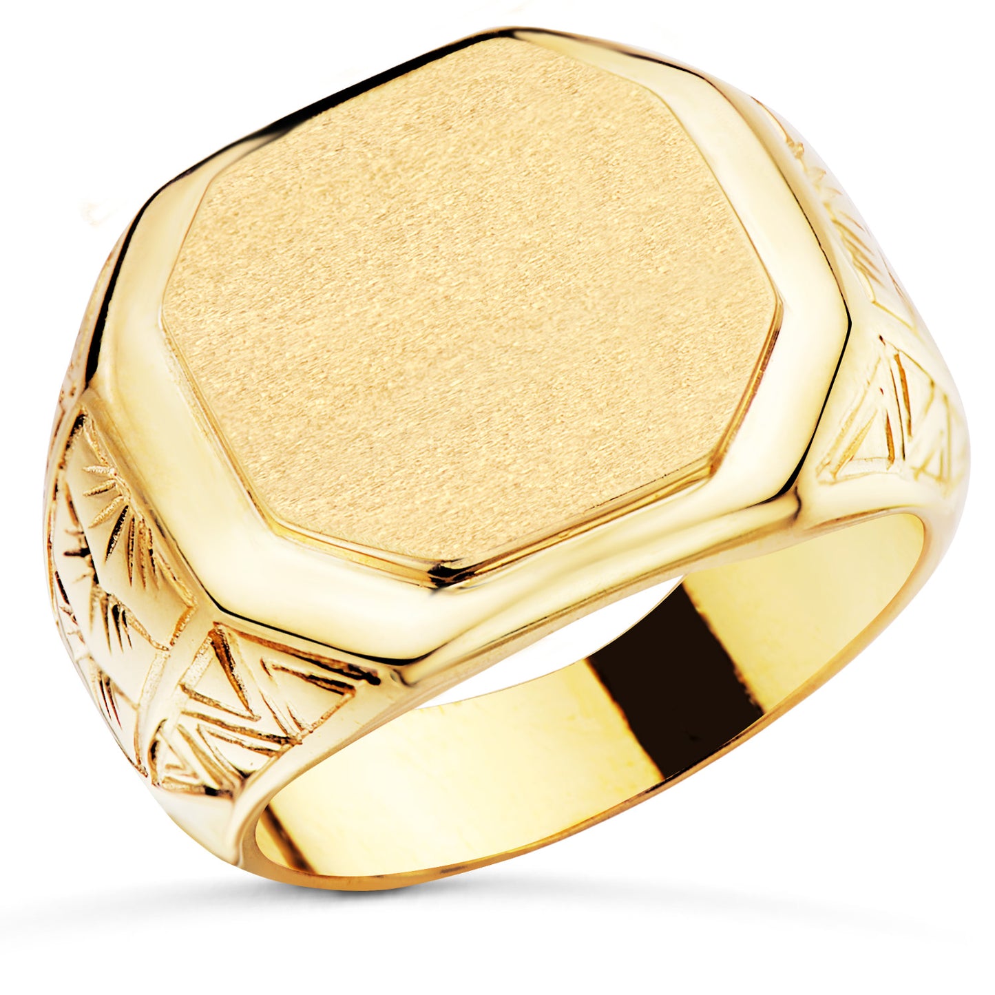 18K SELLO ORO AMARILLO CABALLERO MATE Y BRILLO. ZONA GRABADO 14X15 MM