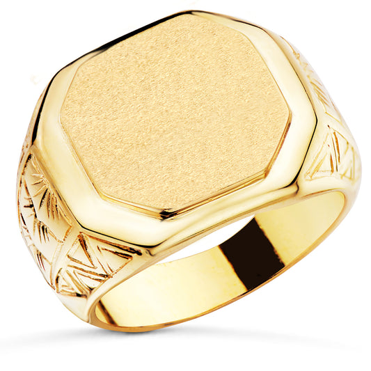 18K SELLO ORO AMARILLO CABALLERO MATE Y BRILLO. ZONA GRABADO 14X15 MM