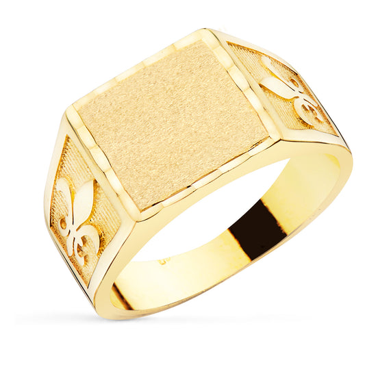 18K SELLO ORO AMARILLO CABALLERO MACIZO FLOR DE LIS TALLADO ZONA GRABADO 11,5 X 11MM