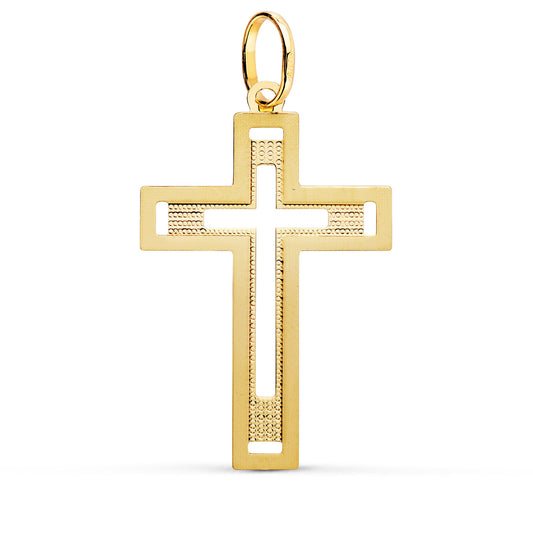 18K CRUZ ORO AMARILLO SIN CRISTO TALLADA Y MATIZADA 35X22 MM