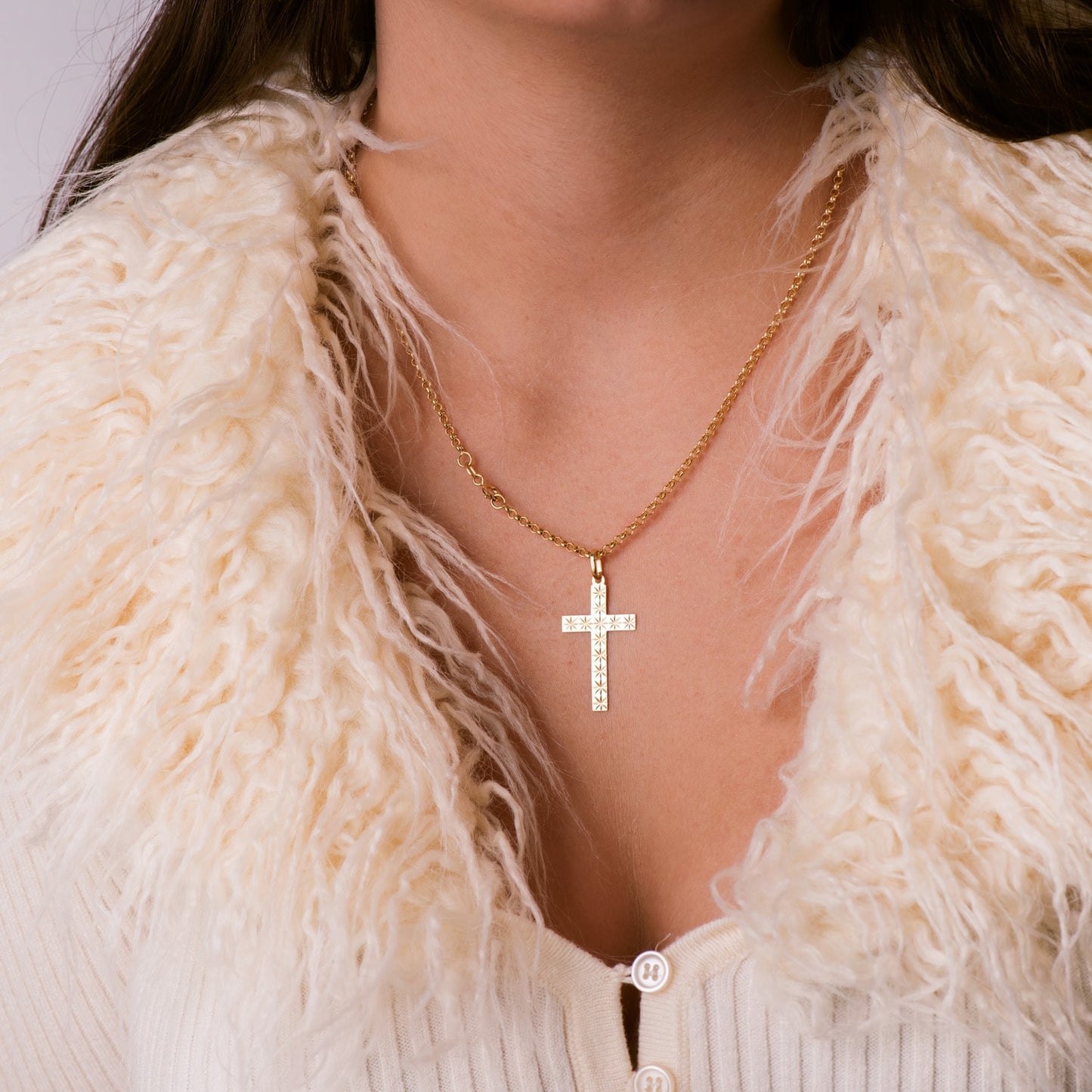 18K CRUZ ORO AMARILLO SIN CRISTO TALLADA 35X19 MM