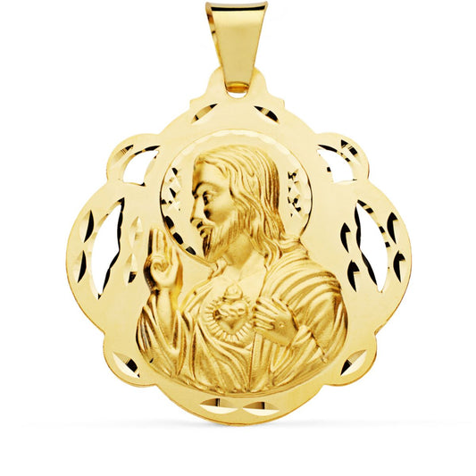 Medalla Cristo Sagrado Corazon de Jesus Pandereta Calada 42 mm de oro amarillo 18K