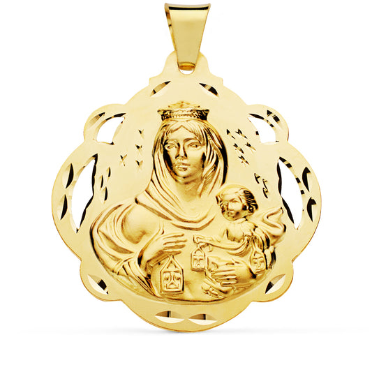 Medalla Virgen del Carmen Pandereta Calada 42 mm de oro amarillo 18K