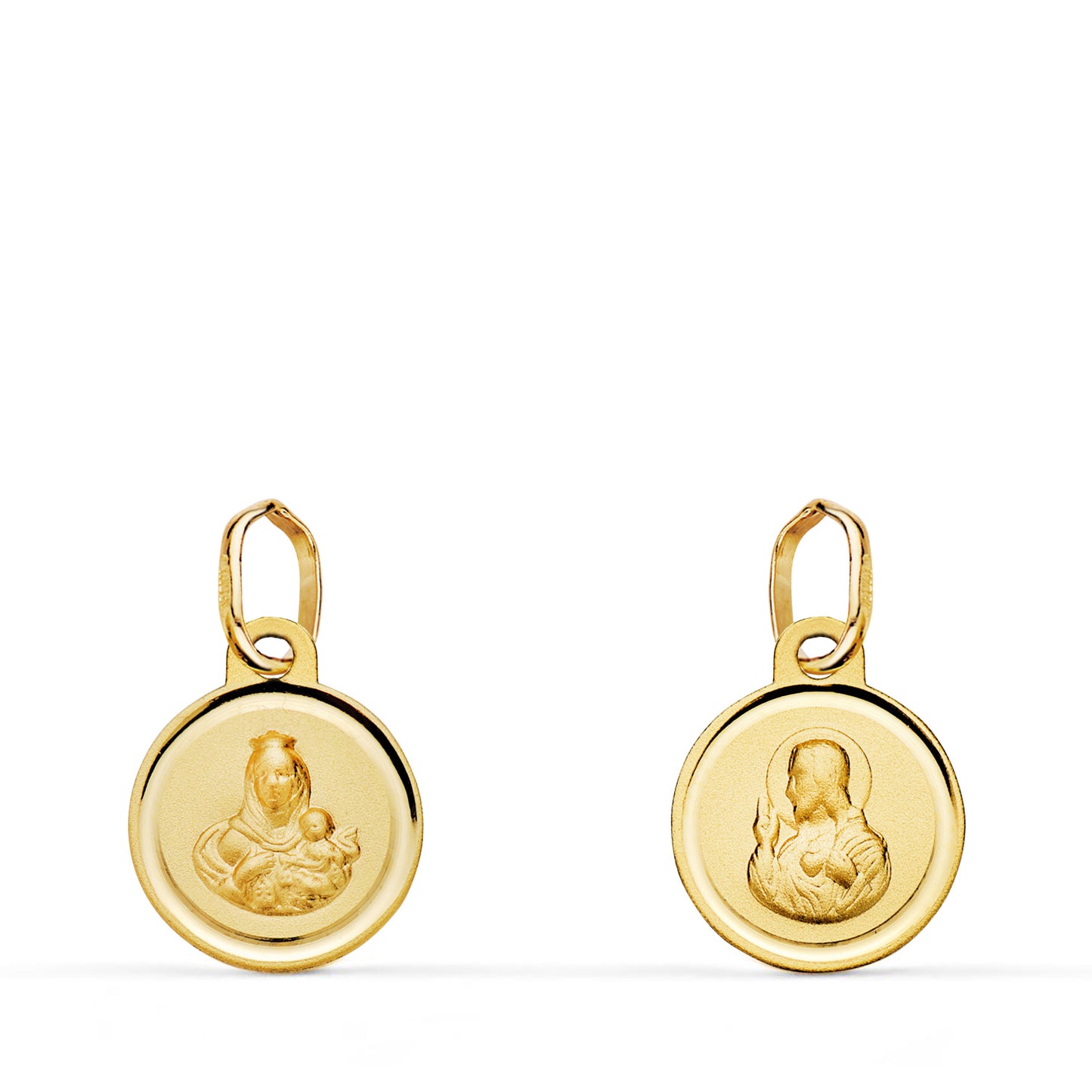 Medalla Escapulario Bisel Virgen del Carmen y Corazon de Jesus 10 mm de oro amarillo 18K