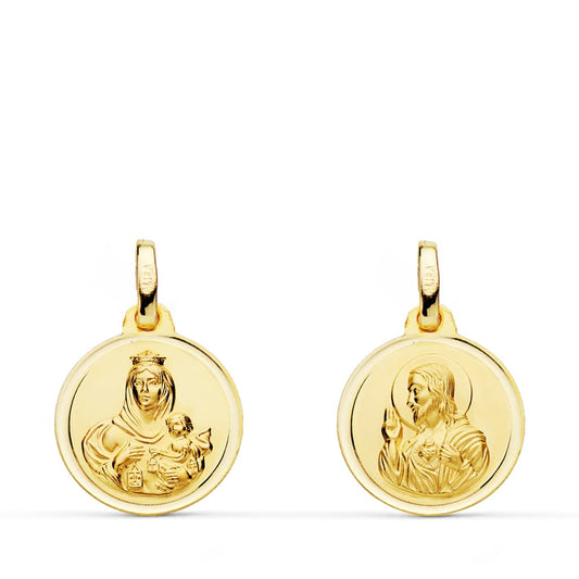 Escapulario Bisel Virgen del Carmen Corazon de Jesus 14 mm de oro amarillo 18K
