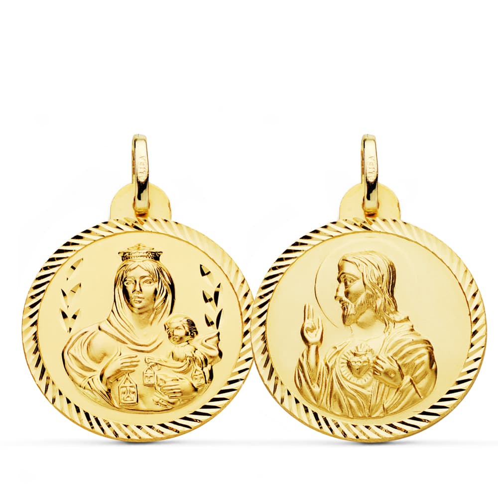 18K ESCAPULARIO ORO AMARILLO HELICE VIRGEN CARMEN Y CORAZON DE JESUS 24 MM