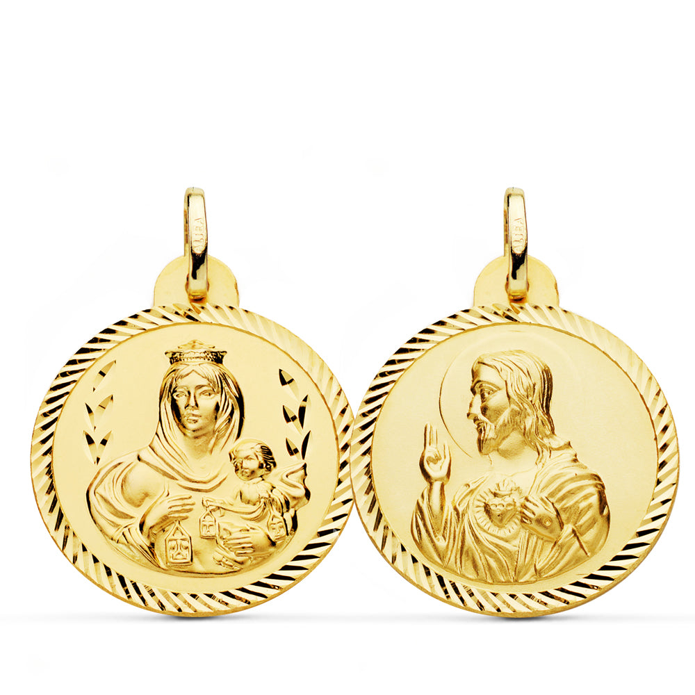 18K ESCAPULARIO ORO AMARILLO HELICE VIRGEN CARMEN Y CORAZON DE JESUS 24 MM