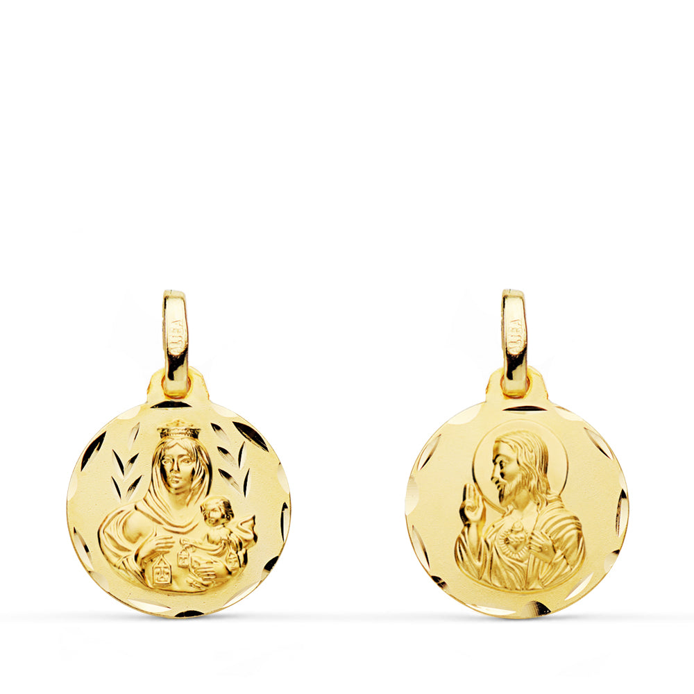 Escapulario Tallado Virgen del Carmen Corazon de Jesus 14 mm de oro amarillo 18K