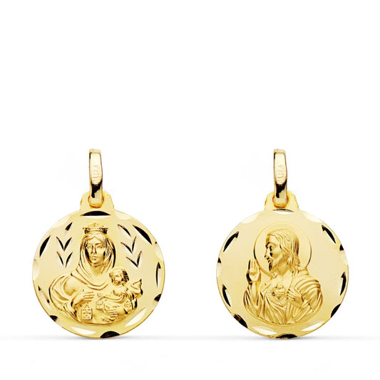 18K ESCAPULARIO ORO AMARILLO TALLADO VIRGEN DEL CARMEN CORAZON DE JESUS 16 MM