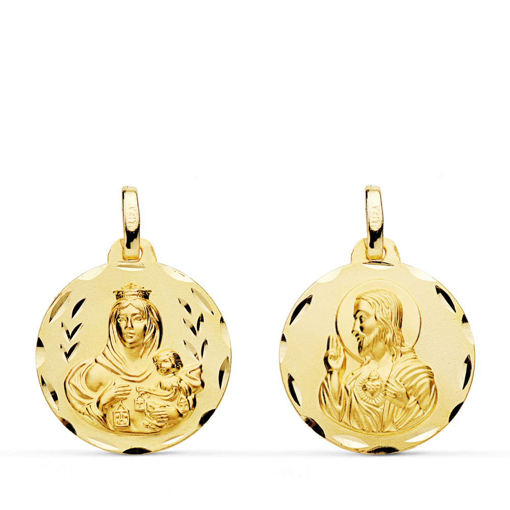 Escapulario Tallado Virgen del Carmen Corazon de Jesus 18 mm de oro amarillo 18K