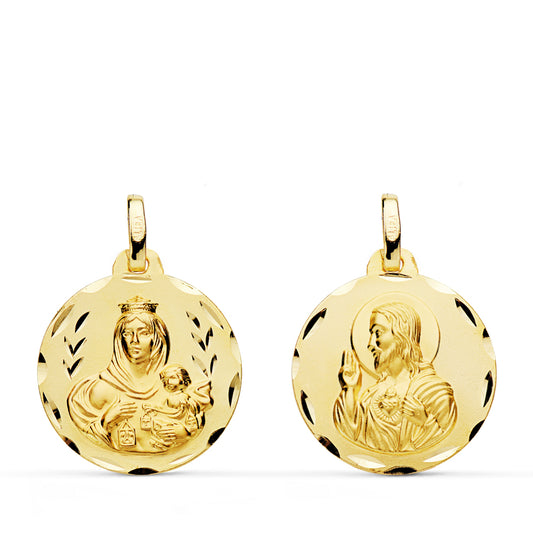Escapulario Tallado Virgen del Carmen Corazon de Jesus 18 mm de oro amarillo 18K