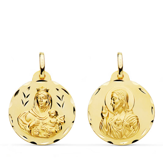 Escapulario Tallado Virgen del Carmen Corazon de Jesus 20 mm de oro amarillo 18K