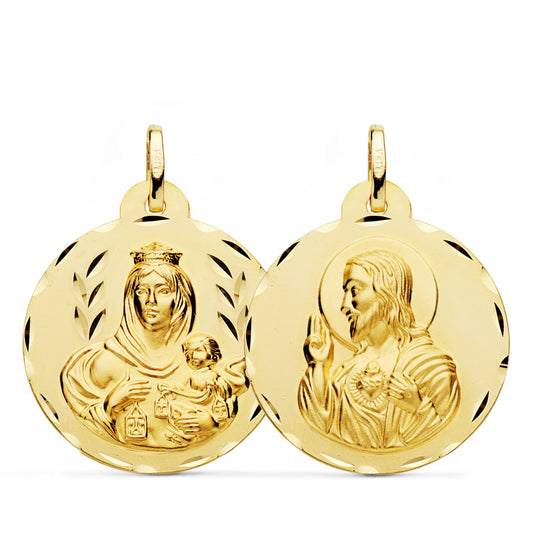 Escapulario Tallado Virgen del Carmen y Corazon de Jesus 26 mm de oro amarillo 18K