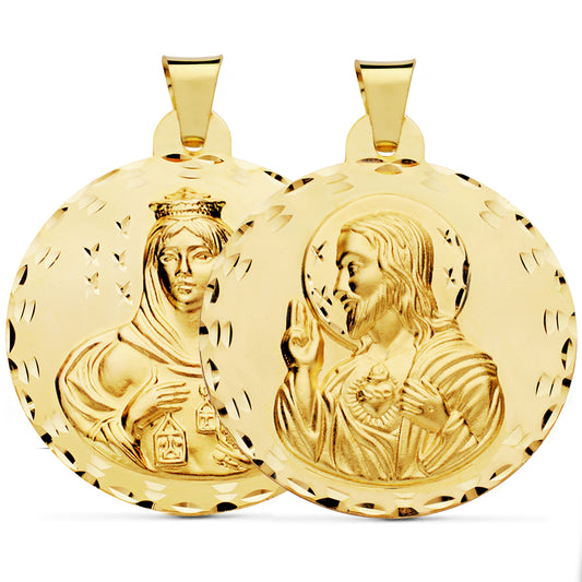 Escapulario Tallado Virgen del Carmen y Corazon de Jesus 42 mm de oro amarillo 18K