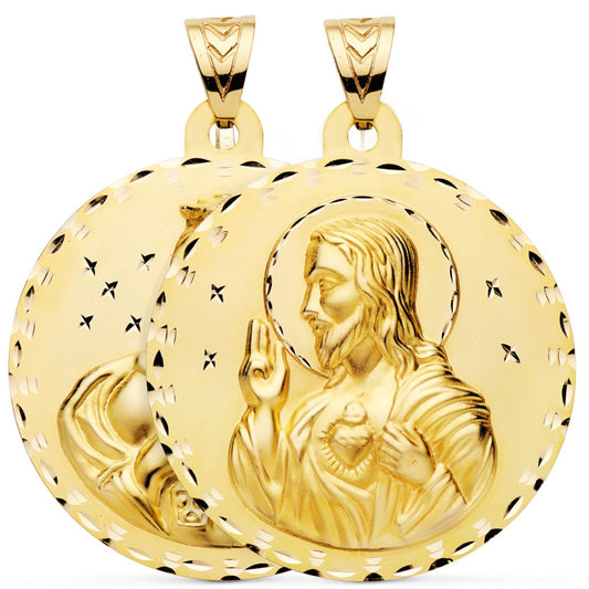 Medalla Escapulario Tallado Virgen del Carmen y Corazon de Jesus 55 mm de oro amarillo 18K