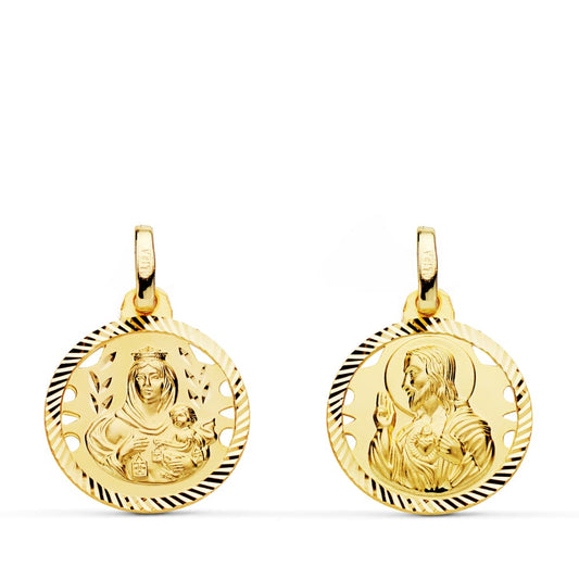 18K ESCAPULARIO ORO AMARILLO HELICE CALADO VIRGEN CARMEN Y CORAZON DE JESUS 16 MM