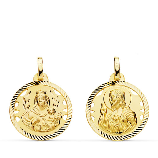 18K ESCAPULARIO ORO AMARILLO HELICE CALADO VIRGEN CARMEN Y CORAZON DE JESUS 18 MM