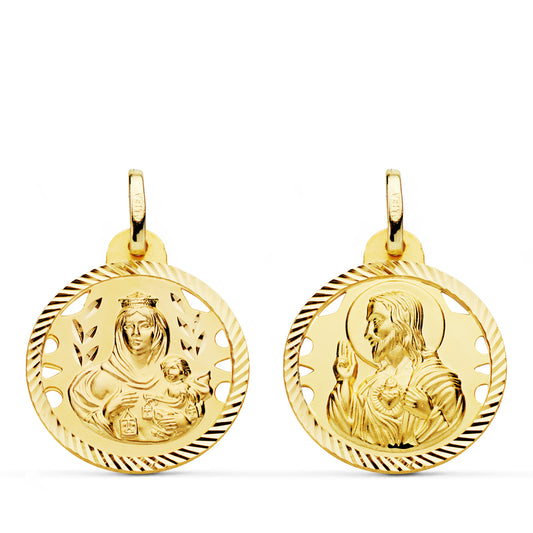 Escapulario Helice Calado Virgen Carmen y Corazon de 20 mm de oro amarillo 18K