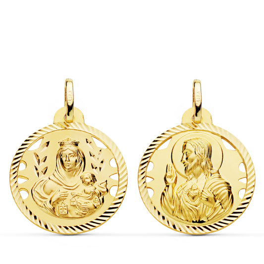Escapulario Helice Calado Virgen Carmen y Corazon de Jesus 22 mm de oro amarillo 18K