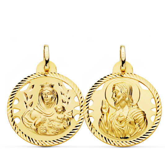 Escapulario Helice Calado Virgen Carmen y Corazon de Jesus 24 mm de oro amarillo 18K