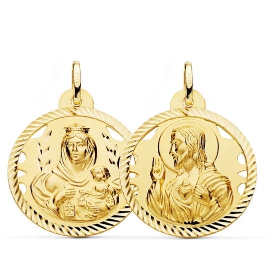 18K ESCAPULARIO ORO AMARILLO HELICE CALADO VIRGEN CARMEN Y CORAZON DE JESUS 26 MM