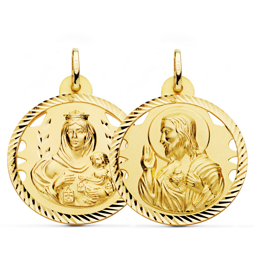 Escapulario Helice Calado Virgen Carmen y Corazon de Jesus 28 mm de oro amarillo 18K