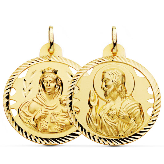 Escapulario Helice Calado Virgen Carmen y Corazon de Jesus 30 mm de oro amarillo 18K