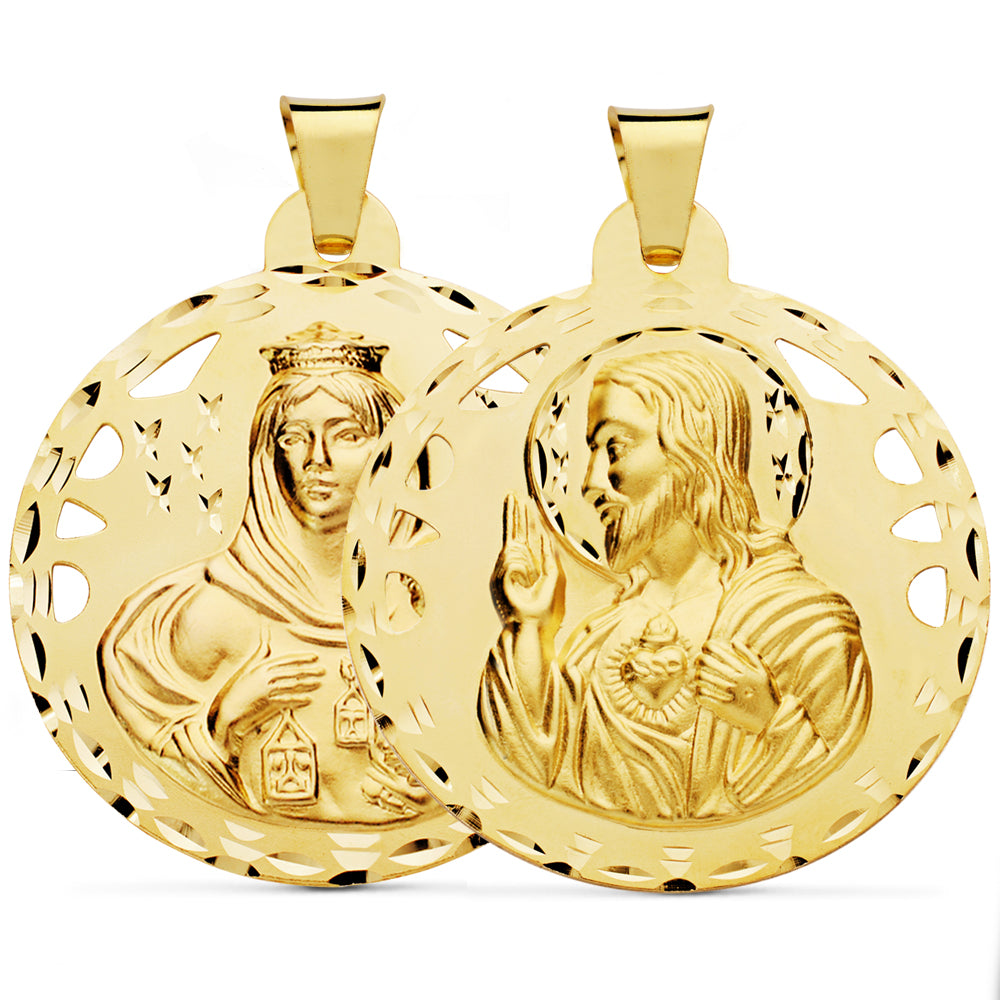 Escapulario Calado Tallado Virgen Carmen y Corazon de Jesus 42 mm de oro amarillo 18K