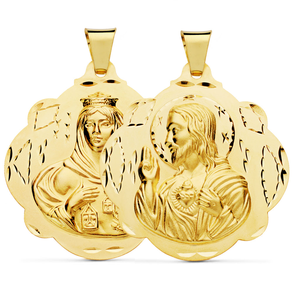 Escapulario Pandereta Virgen del Carmen y Corazon de Jesus 42 mm de oro amarillo 18K