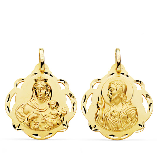 Escapulario Virgen del Carmen y Corazon de Jesus Pandereta Calada 24 mm de oro amarillo 18K