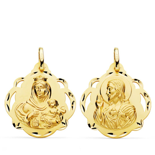 18K ESCAPULARIO ORO AMARILLO VIRGEN DEL CARMEN Y CORAZON DE JESUS PANDERETA CALADA 24 MM