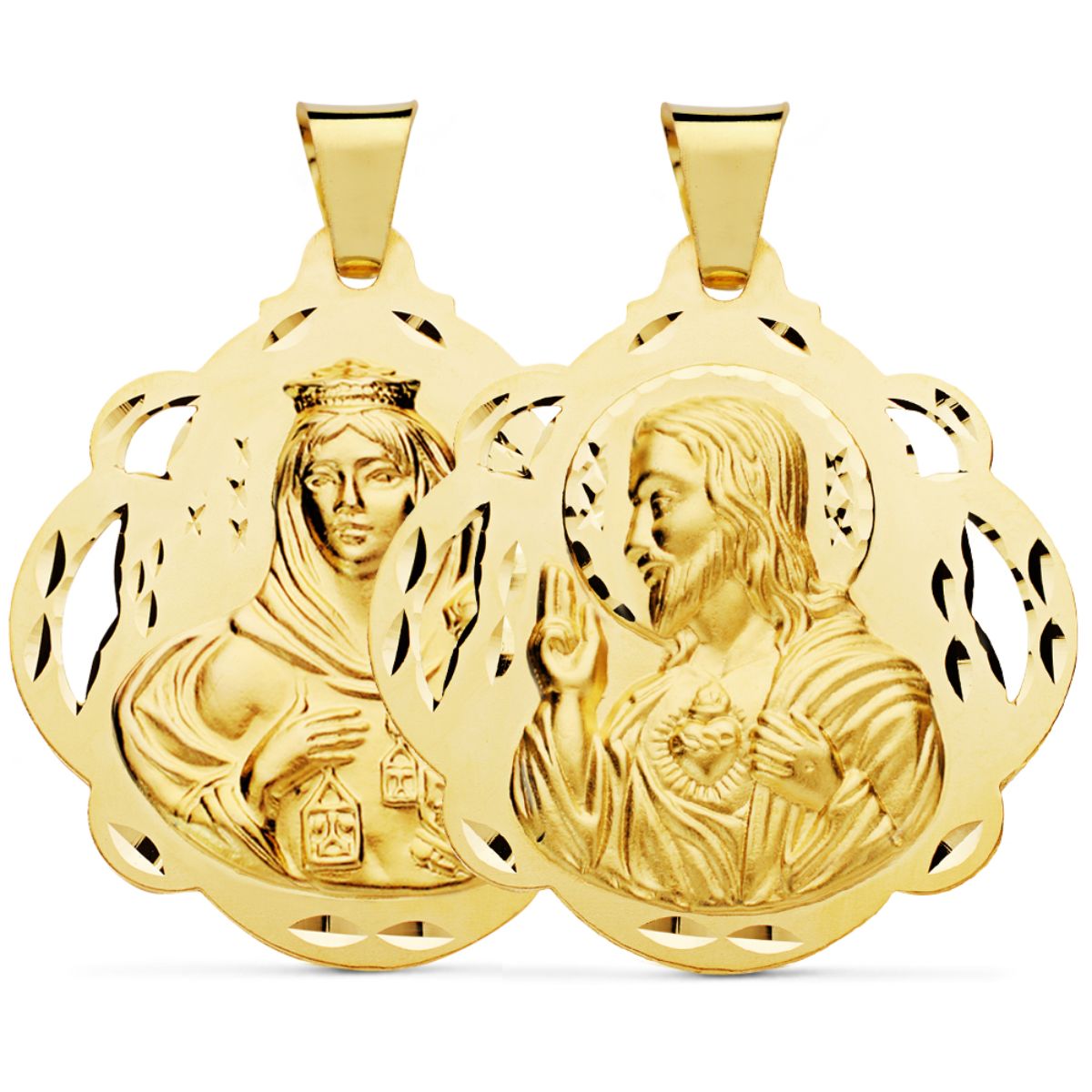 18K ESCAPULARIO ORO AMARILLO VIRGEN DEL CARMEN CORAZON DE JESUS PANDERETA CALADA 42 MM