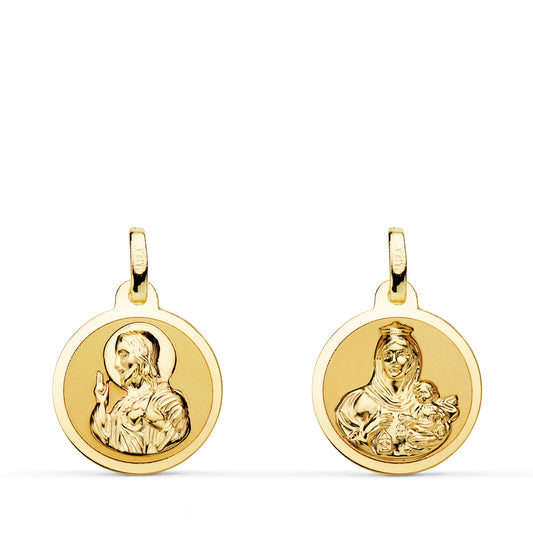 Escapulario Brillo Virgen del Carmen y Corazon de Jesus 14 mm de oro amarillo 18K