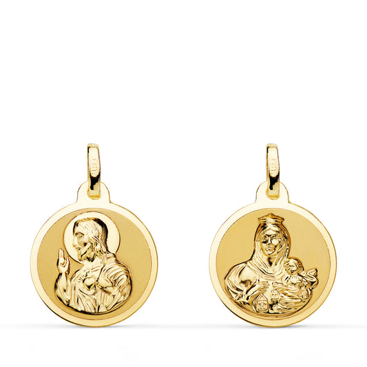 Escapulario Brillo Virgen del Carmen y Corazon de Jesus 16 mm de oro amarillo 18K