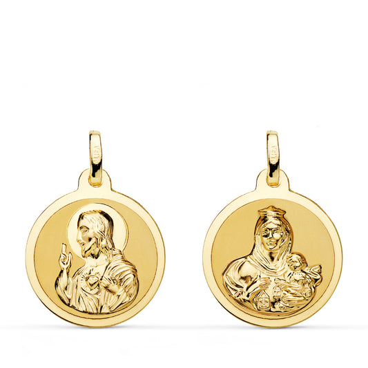 Escapulario Brillo Virgen del Carmen y Corazon de Jesus 18 mm de oro amarillo 18K