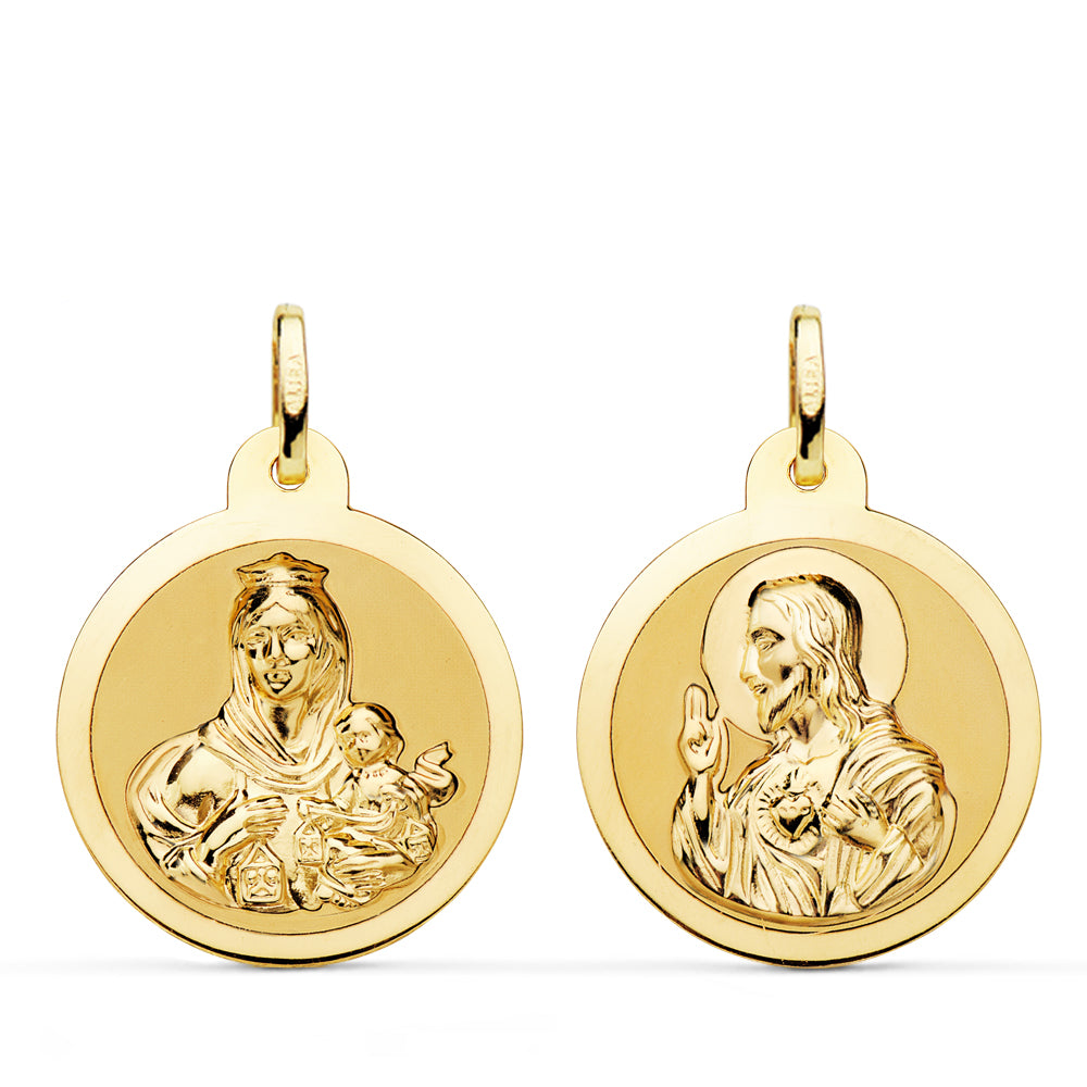 Escapulario Brillo Virgen del Carmen y Corazon de Jesus 22 mm de oro amarillo 18K