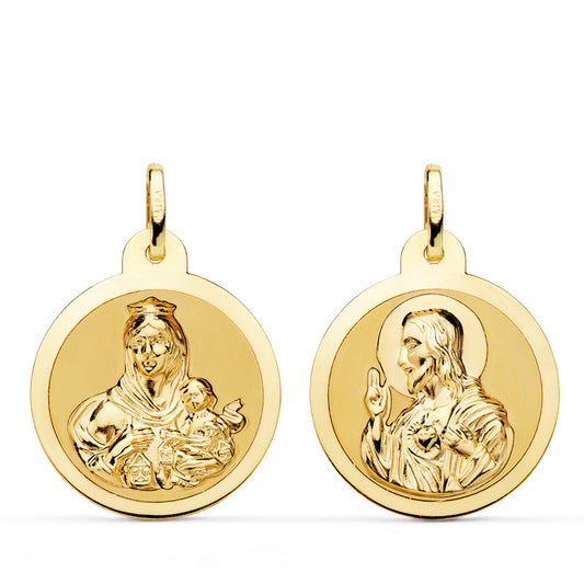 Escapulario Brillo Virgen del Carmen y Corazon de Jesus 22 mm de oro amarillo 18K