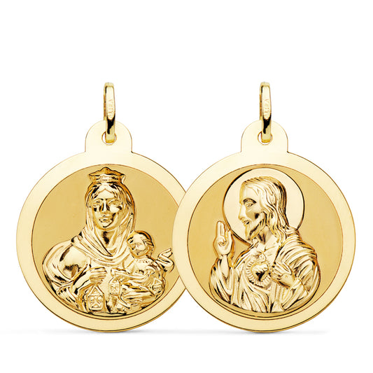 Escapulario Brillo Virgen del Carmen y Corazon de Jesus 26 mm de oro amarillo 18K