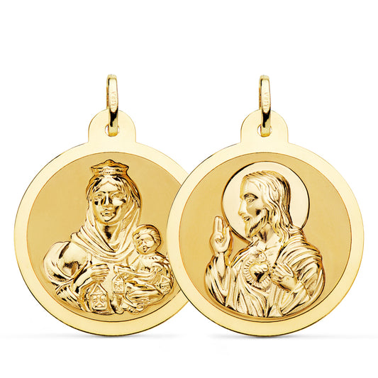 Escapulario Brillo Virgen del Carmen y Corazon de Jesus 28 mm de oro amarillo 18K
