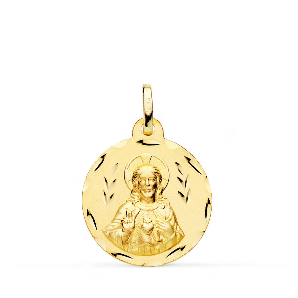 Escapulario Corazon de Jesus y Virgen del Carmen Tallado 20 mm de oro amarillo 18K