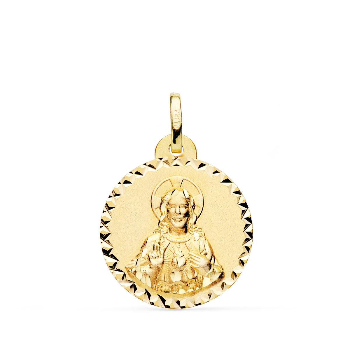 Medalla Cristo Sagrado Corazon Jesus Brillo Talla Cruzada 20 mm de oro amarillo 18K