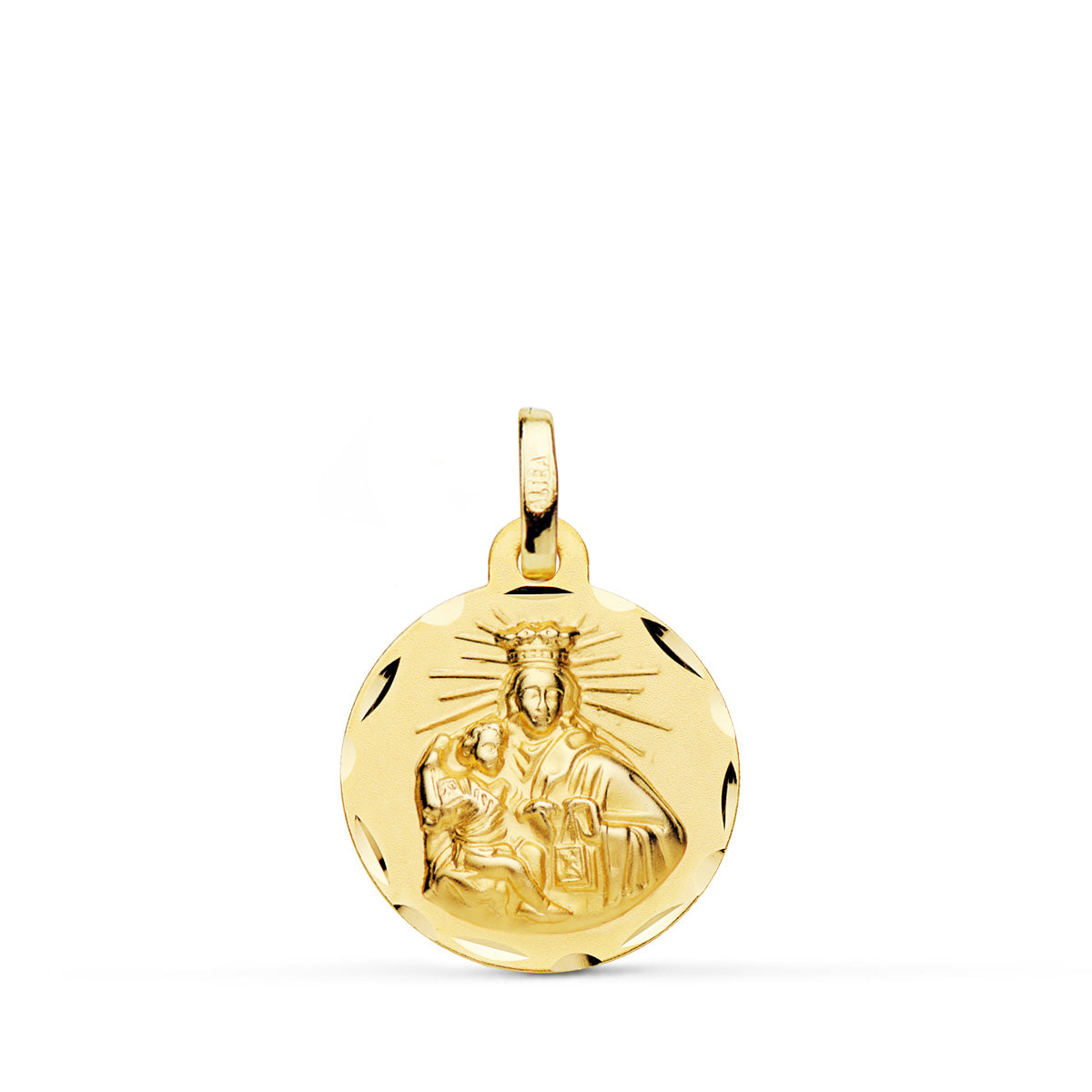 Escapulario Corazon de Jesus y Virgen del Carmen Tallado 16 mm de oro amarillo 18K
