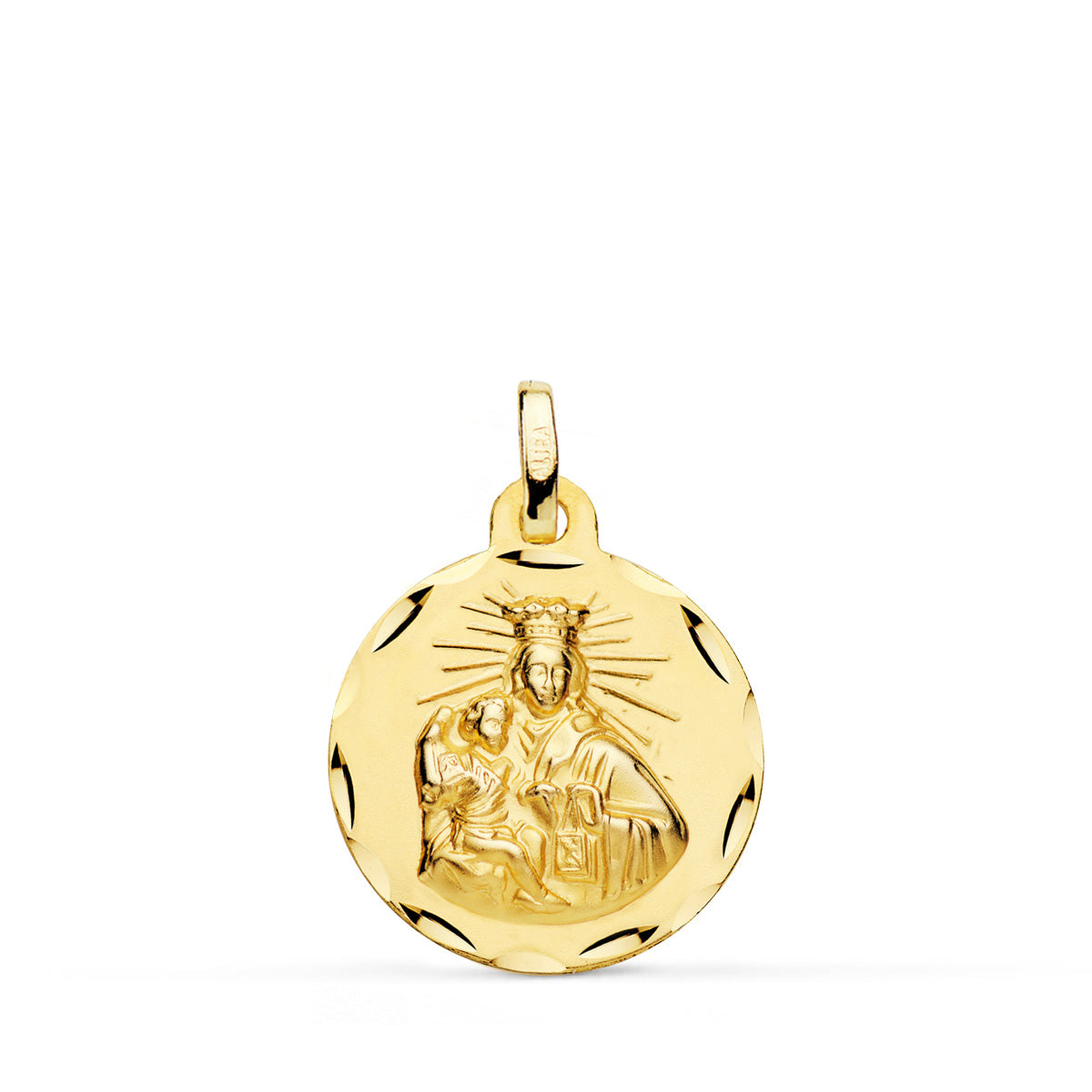 Escapulario Corazon de Jesus y Virgen del Carmen Tallado 18 mm de oro amarillo 18K