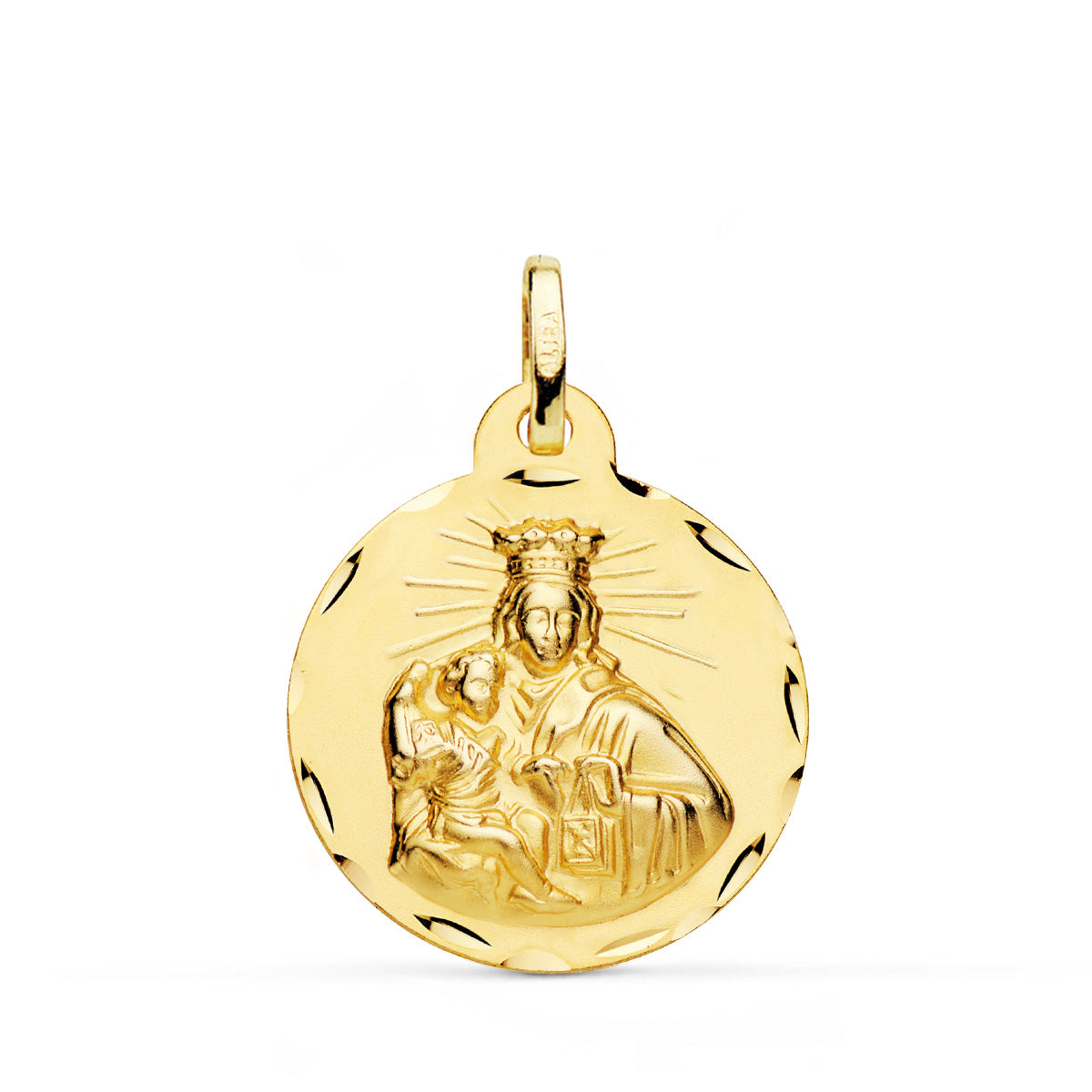 Escapulario Corazon de Jesus y Virgen del Carmen Tallado 22 mm de oro amarillo 18K