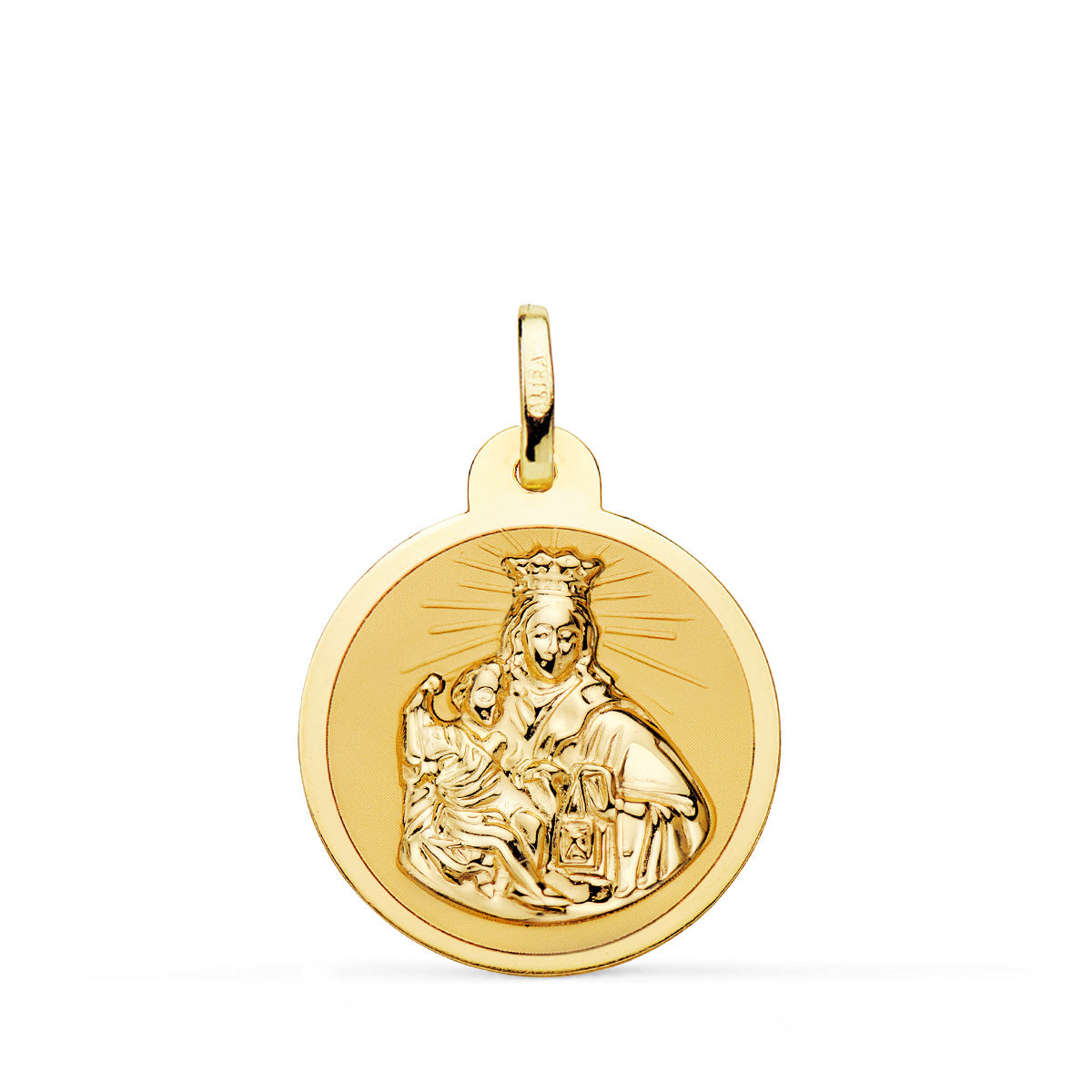 Escapulario Virgen del Carmen y Corazon de Jesus en Brillo 20 mm de oro amarillo 18K