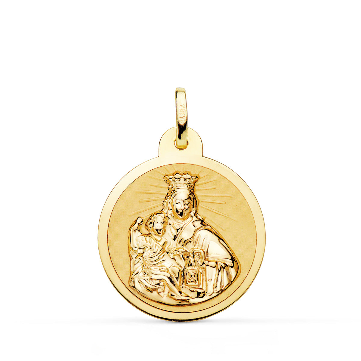 Escapulario Virgen del Carmen y Corazon de Jesus en Brillo 22 mm de oro amarillo 18K