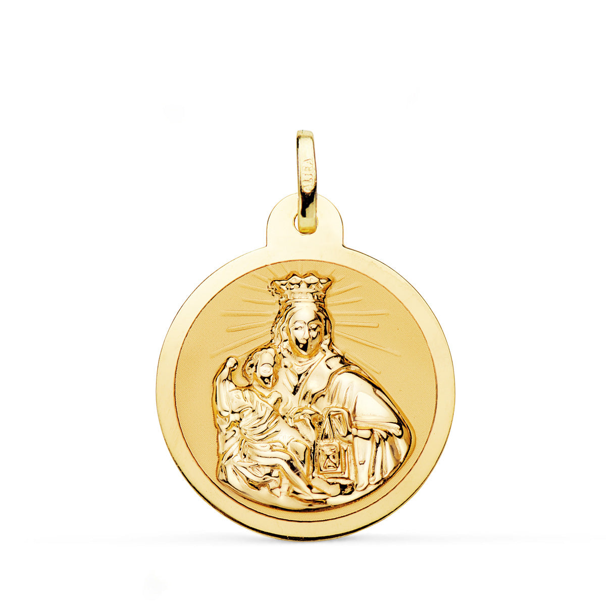 Escapulario Virgen del Carmen y Corazon de Jesus en Brillo 24 mm de oro amarillo 18K