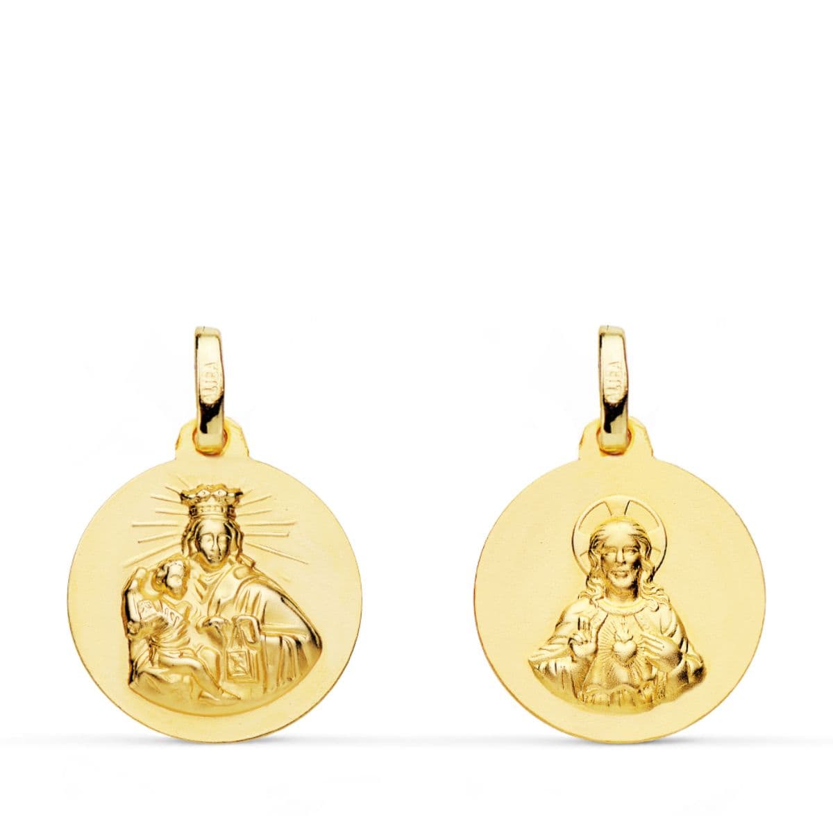 9K ESCAPULARIO ORO AMARILLO VIRGEN DEL CARMEN Y CORAZON DE JESUS LISO 16 MM
