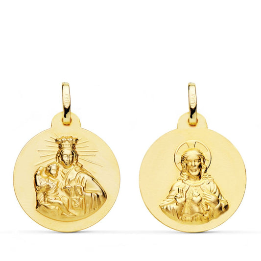 18K ESCAPULARIO ORO AMARILLO VIRGEN DEL CARMEN Y CORAZON DE JESUS LISO 20 MM